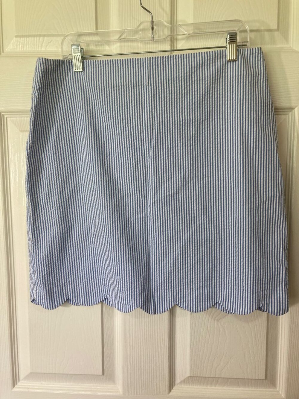 Talbots Blue White Seersucker Skirt 12P Scalloped Hem Classic Preppy Vacation